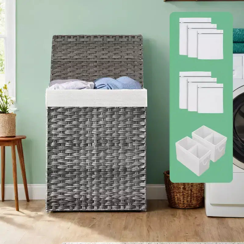 Cesto per la biancheria da 90 litri con coperchio, cesto per vestiti con 2 sacche rimovibili, cesto doppio in vimini per il bagno