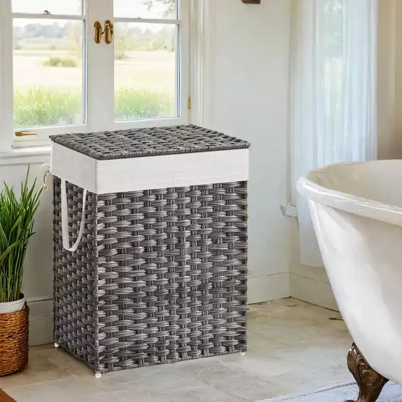 Cesto per la biancheria da 90 litri con coperchio, cesto per vestiti con 2 sacche rimovibili, cesto doppio in vimini per il bagno