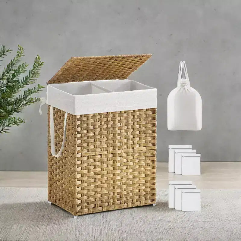 Cesto per la biancheria da 90 litri con coperchio, cesto per vestiti con 2 sacche rimovibili, cesto doppio in vimini per il bagno