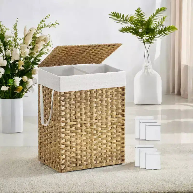 Cesto per la biancheria da 90 litri con coperchio, cesto per vestiti con 2 sacche rimovibili, cesto doppio in vimini per il bagno