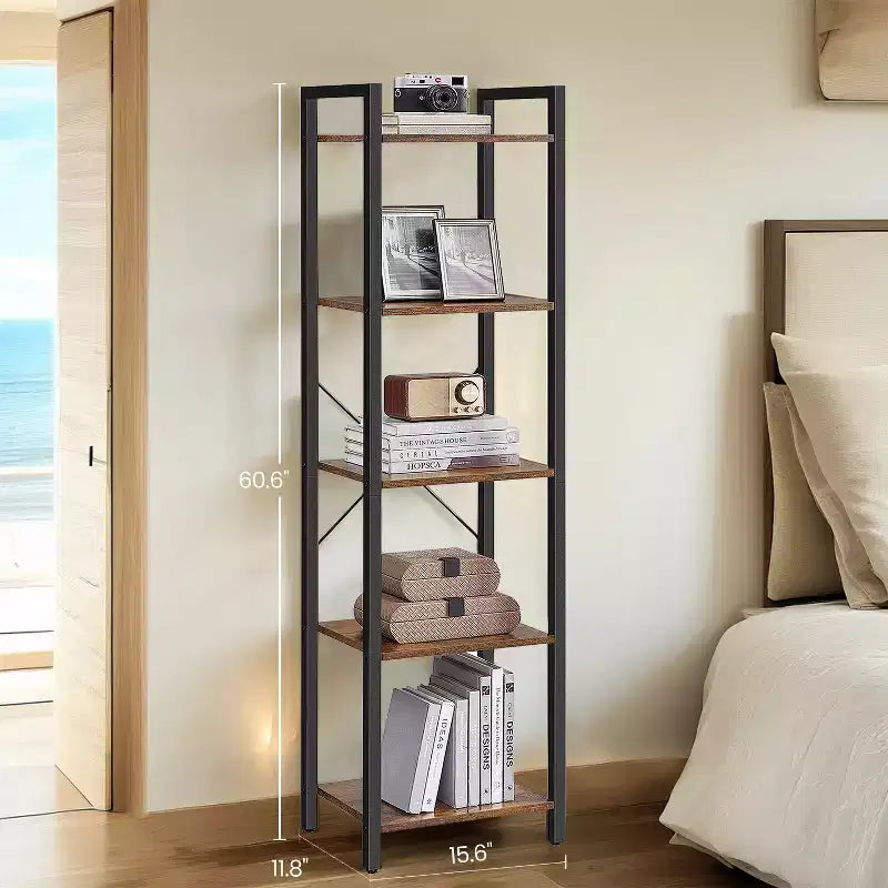 Libreria alta e stretta a 5 ripiani, scaffale sottile con struttura in acciaio per soggiorno, ufficio, studio – Stile industriale, 30 x 39,6 x 154 cm