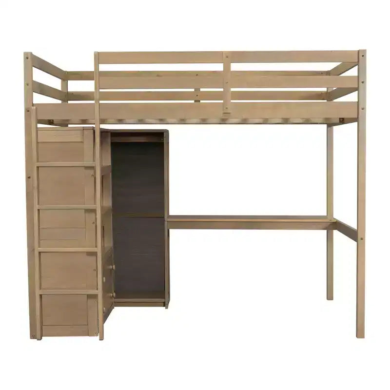 Letto a soppalco in legno per letto a una piazza e mezza con armadio, scrivania, ripiani e cassetti integrati, 201,9 cm L x 144,5 cm P