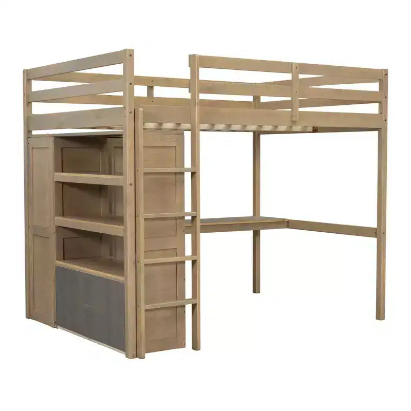 Letto a soppalco in legno per letto a una piazza e mezza con armadio, scrivania, ripiani e cassetti integrati, 201,9 cm L x 144,5 cm P