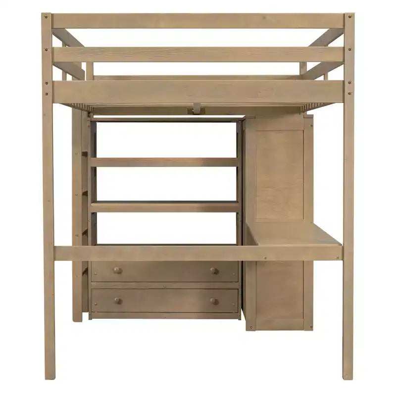 Letto a soppalco in legno per letto a una piazza e mezza con armadio, scrivania, ripiani e cassetti integrati, 201,9 cm L x 144,5 cm P