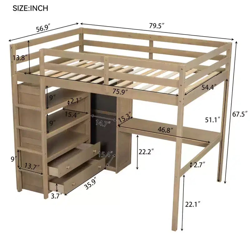 Letto a soppalco in legno per letto a una piazza e mezza con armadio, scrivania, ripiani e cassetti integrati, 201,9 cm L x 144,5 cm P