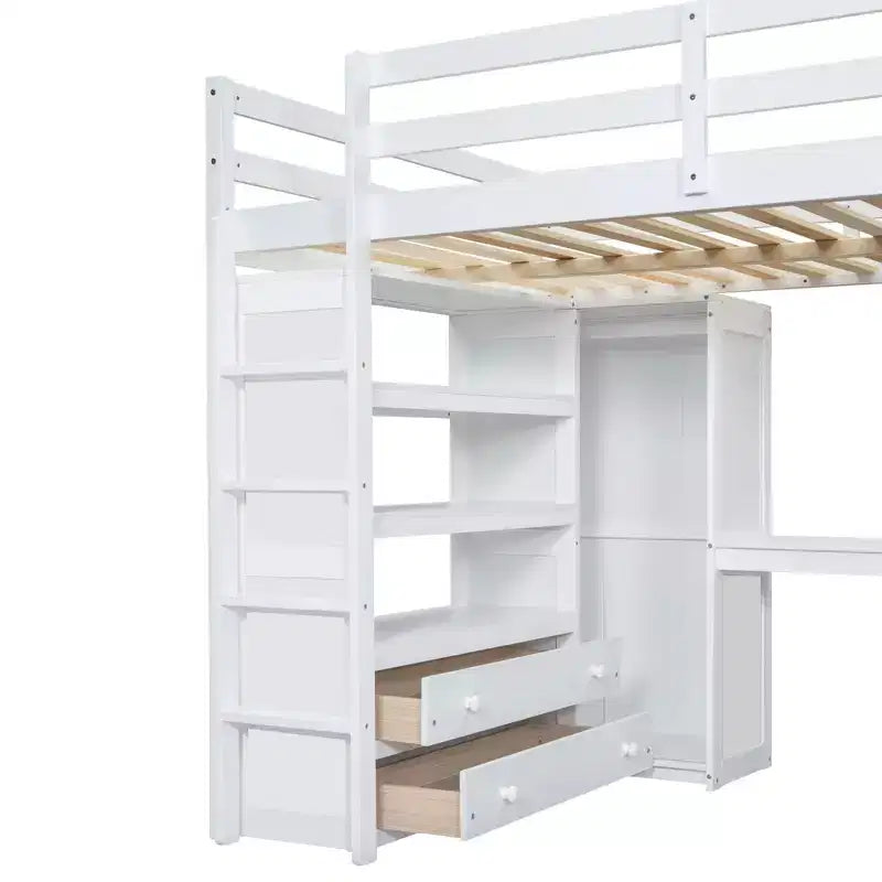 Letto a soppalco in legno per letto a una piazza e mezza con armadio, scrivania, ripiani e cassetti integrati, 201,9 cm L x 144,5 cm P
