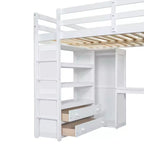 Letto a soppalco in legno per letto a una piazza e mezza con armadio, scrivania, ripiani e cassetti integrati, 201,9 cm L x 144,5 cm P