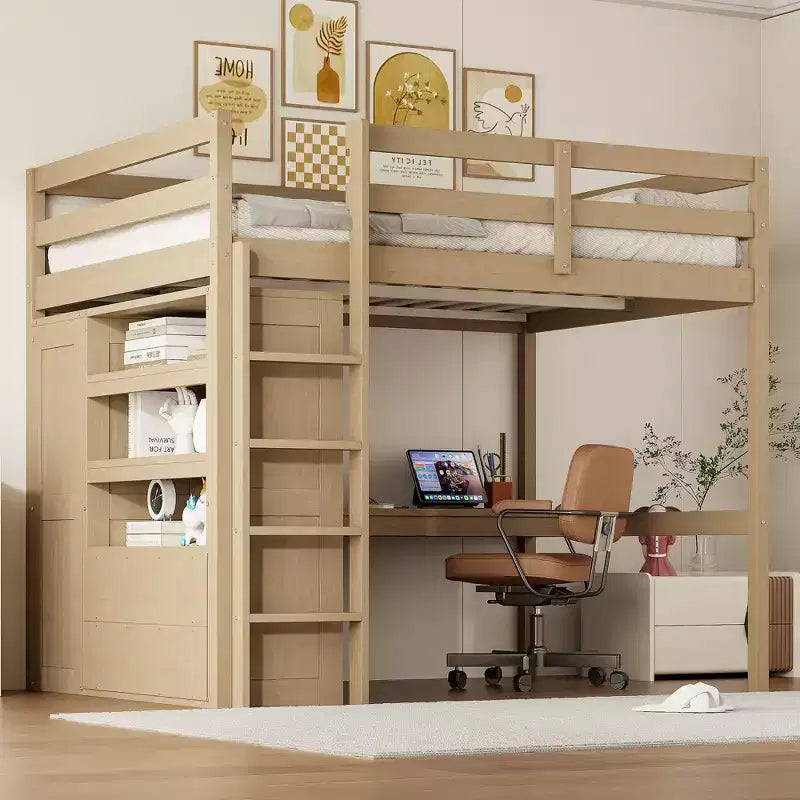 Letto a soppalco in legno per letto a una piazza e mezza con armadio, scrivania, ripiani e cassetti integrati, 201,9 cm L x 144,5 cm P