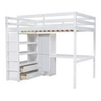 Letto a soppalco in legno per letto a una piazza e mezza con armadio, scrivania, ripiani e cassetti integrati, 201,9 cm L x 144,5 cm P