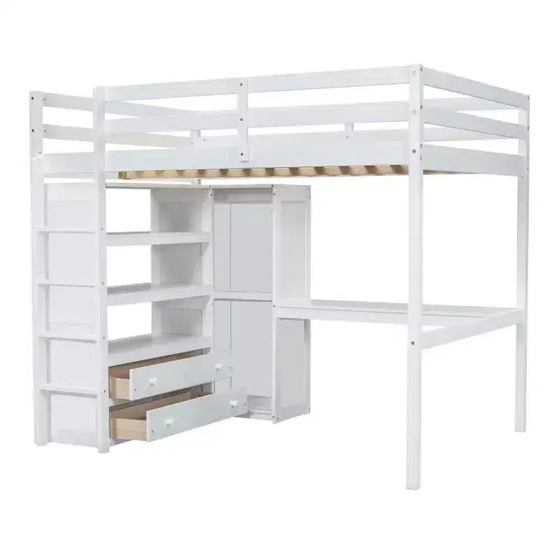 Letto a soppalco in legno per letto a una piazza e mezza con armadio, scrivania, ripiani e cassetti integrati, 201,9 cm L x 144,5 cm P