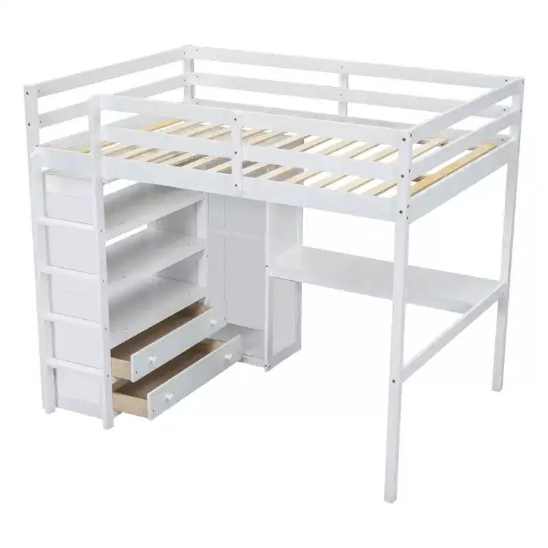 Letto a soppalco in legno per letto a una piazza e mezza con armadio, scrivania, ripiani e cassetti integrati, 201,9 cm L x 144,5 cm P