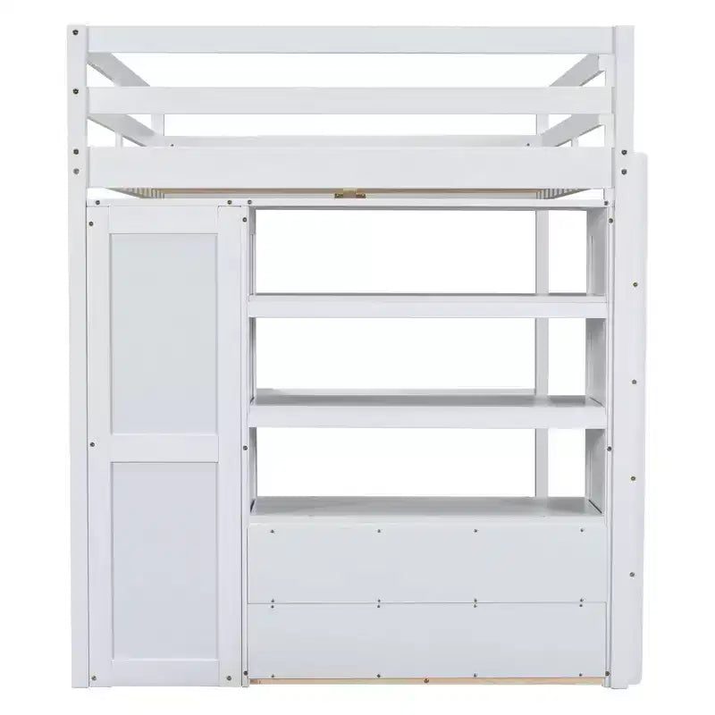 Letto a soppalco in legno per letto a una piazza e mezza con armadio, scrivania, ripiani e cassetti integrati, 201,9 cm L x 144,5 cm P