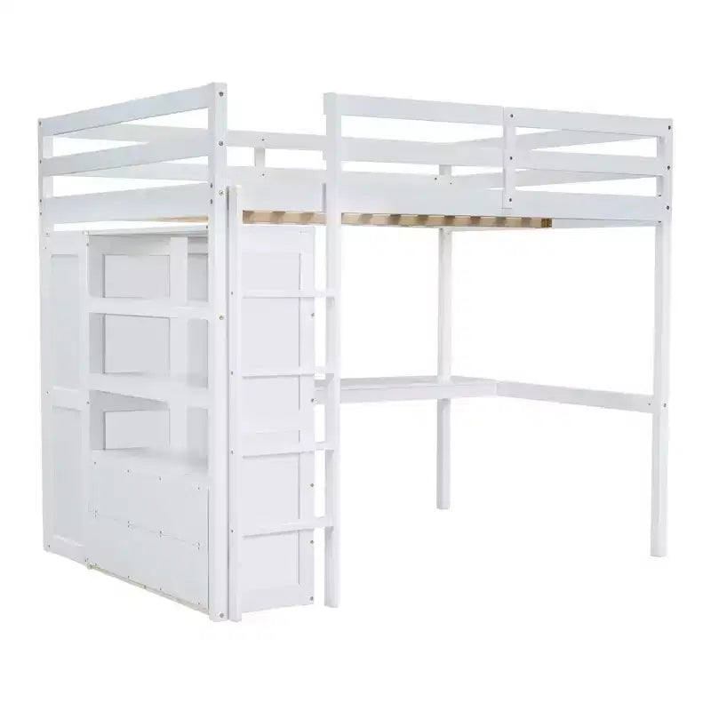 Letto a soppalco in legno per letto a una piazza e mezza con armadio, scrivania, ripiani e cassetti integrati, 201,9 cm L x 144,5 cm P