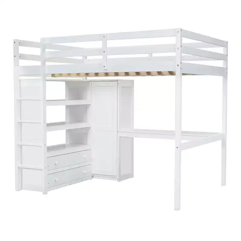 Letto a soppalco in legno per letto a una piazza e mezza con armadio, scrivania, ripiani e cassetti integrati, 201,9 cm L x 144,5 cm P