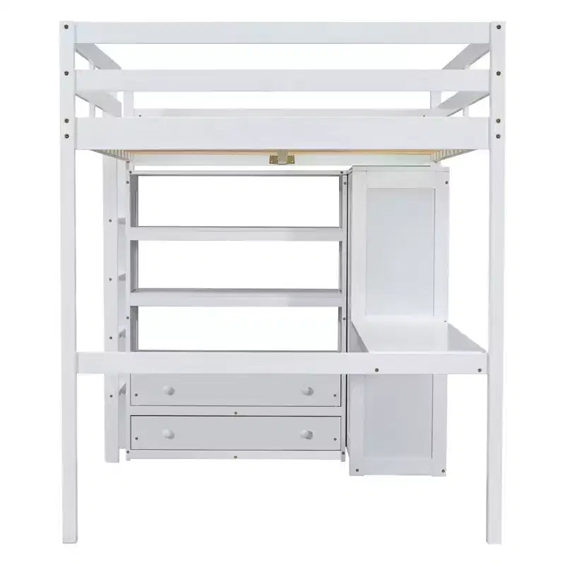Letto a soppalco in legno per letto a una piazza e mezza con armadio, scrivania, ripiani e cassetti integrati, 201,9 cm L x 144,5 cm P