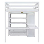 Letto a soppalco in legno per letto a una piazza e mezza con armadio, scrivania, ripiani e cassetti integrati, 201,9 cm L x 144,5 cm P