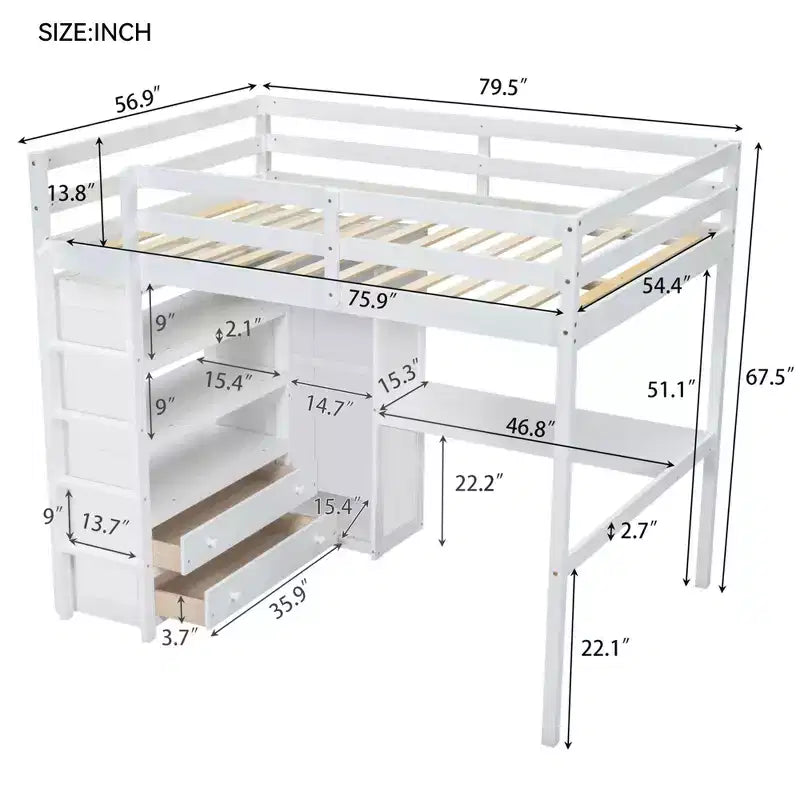 Letto a soppalco in legno per letto a una piazza e mezza con armadio, scrivania, ripiani e cassetti integrati, 201,9 cm L x 144,5 cm P