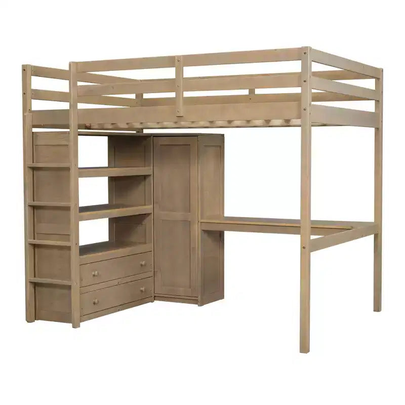 Letto a soppalco in legno per letto a una piazza e mezza con armadio, scrivania, ripiani e cassetti integrati, 201,9 cm L x 144,5 cm P