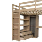 Letto a soppalco in legno per letto a una piazza e mezza con armadio, scrivania, ripiani e cassetti integrati, 201,9 cm L x 144,5 cm P