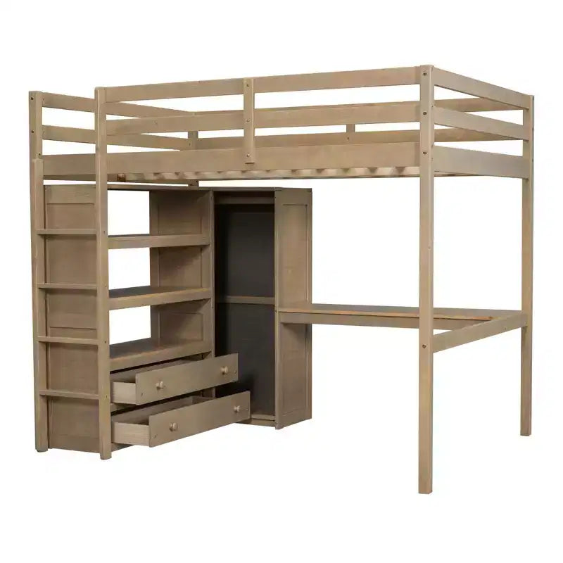 Letto a soppalco in legno per letto a una piazza e mezza con armadio, scrivania, ripiani e cassetti integrati, 201,9 cm L x 144,5 cm P