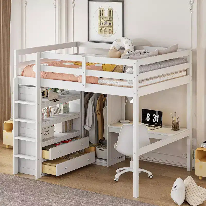 Letto a soppalco in legno per letto a una piazza e mezza con armadio, scrivania, ripiani e cassetti integrati, 201,9 cm L x 144,5 cm P
