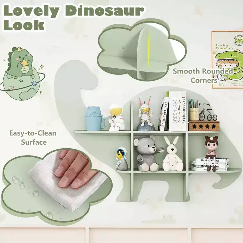 Libreria a Muro per Bambini a 2 Livelli con Dinosauri, Scaffale per Cameretta