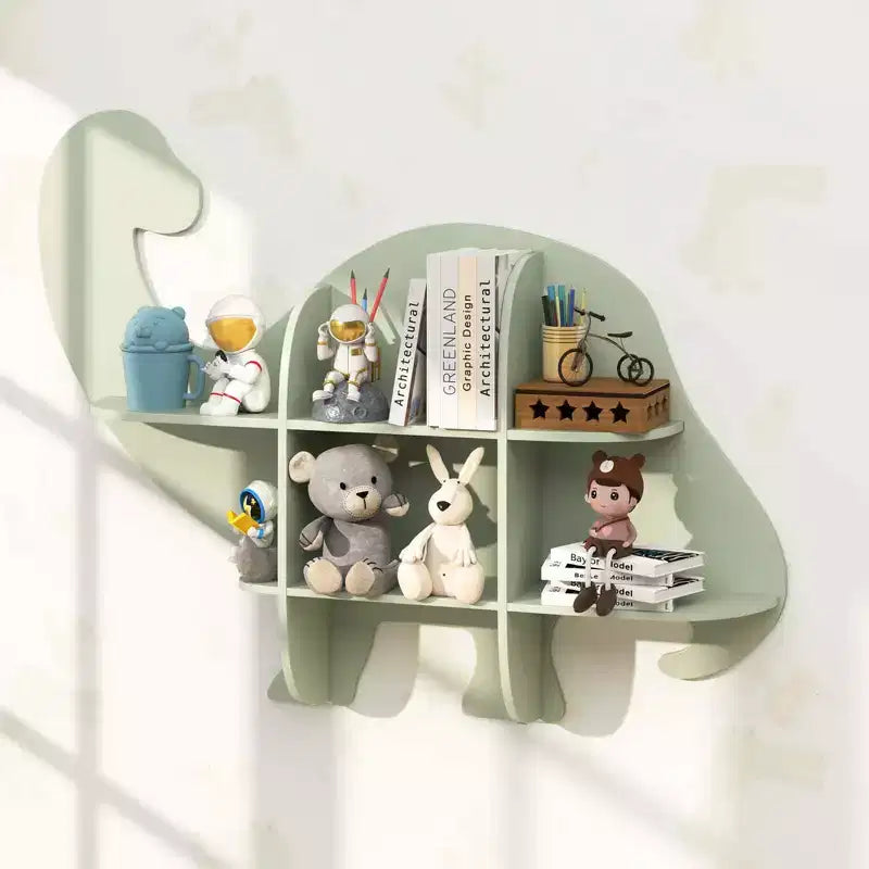 Libreria a Muro per Bambini a 2 Livelli con Dinosauri, Scaffale per Cameretta