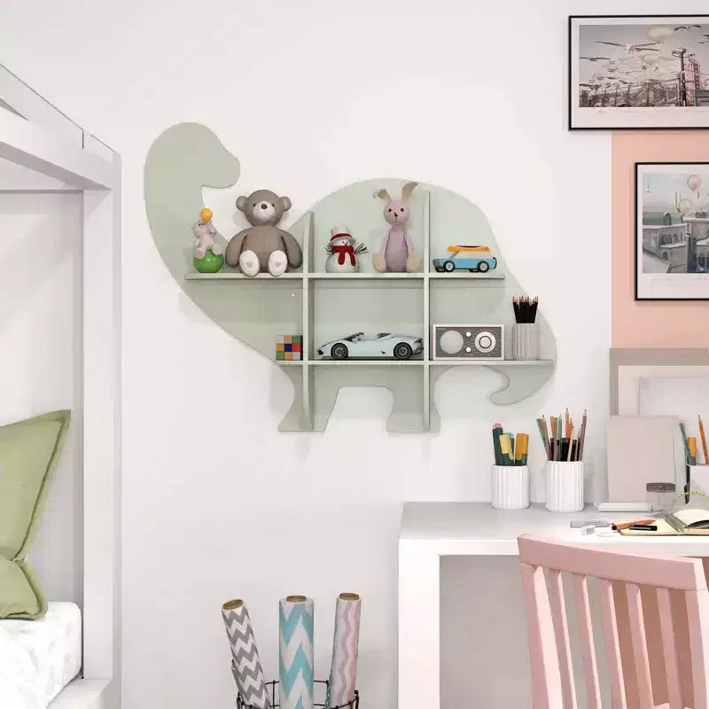 Libreria a Muro per Bambini a 2 Livelli con Dinosauri, Scaffale per Cameretta
