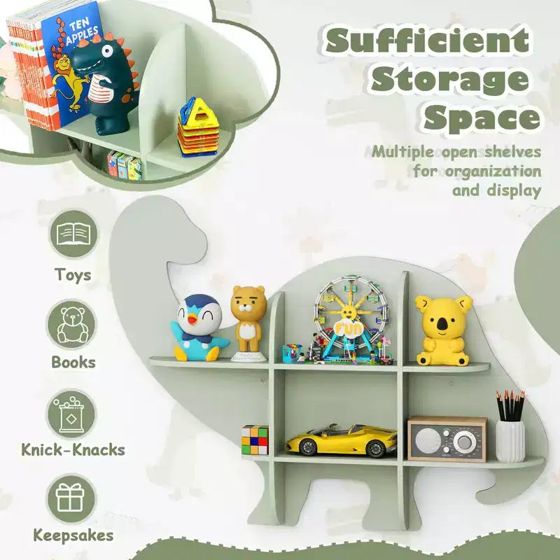 Libreria a Muro per Bambini a 2 Livelli con Dinosauri, Scaffale per Cameretta