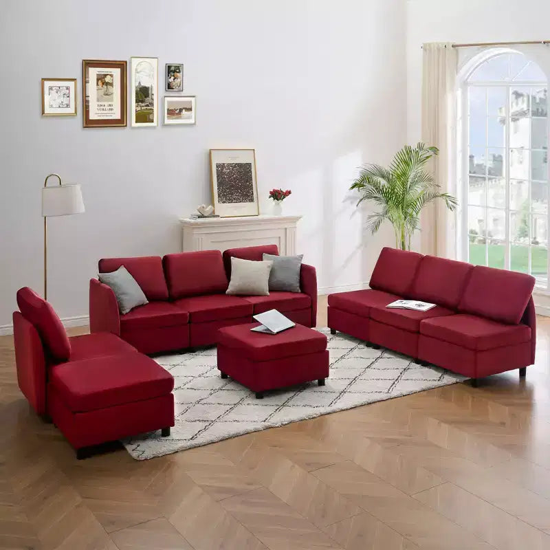 Divano letto componibile modulare in velluto reversibile a 9 posti con pouf, contenitore e penisola - Rosso vinaccia