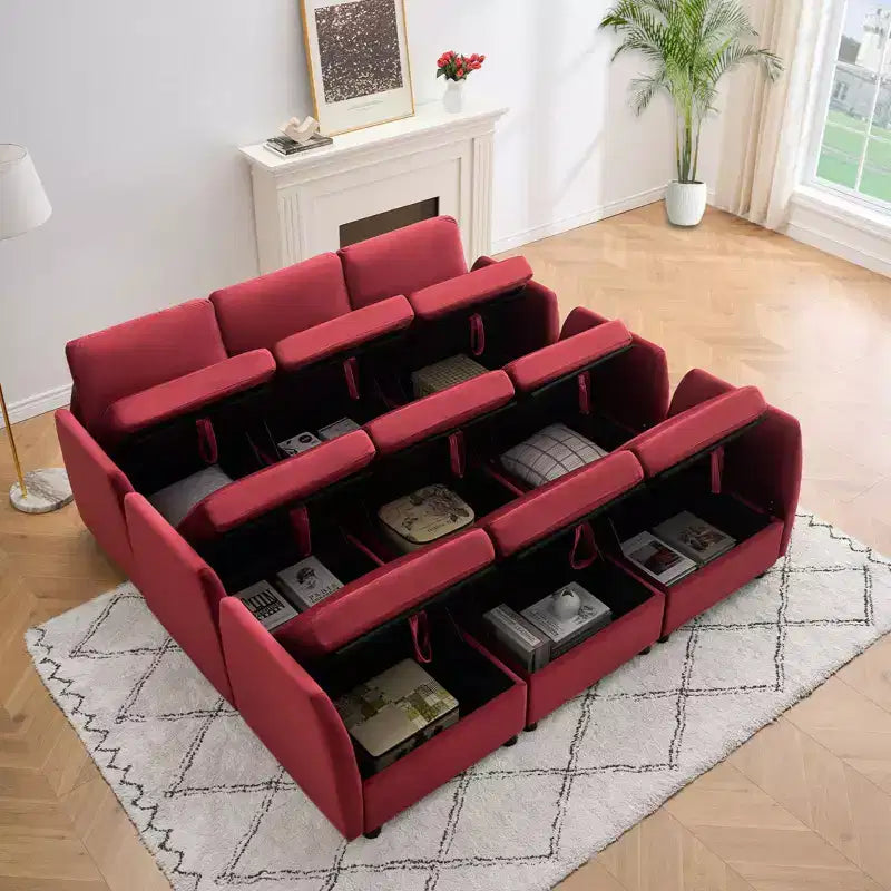 Divano letto componibile modulare in velluto reversibile a 9 posti con pouf, contenitore e penisola - Rosso vinaccia