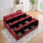 Divano letto componibile modulare in velluto reversibile a 9 posti con pouf, contenitore e penisola - Rosso vinaccia
