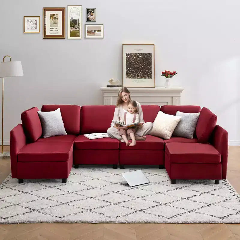Divano letto componibile modulare in velluto reversibile a 9 posti con pouf, contenitore e penisola - Rosso vinaccia