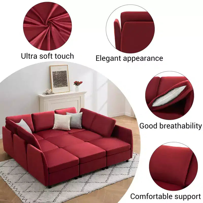 Divano letto componibile modulare in velluto reversibile a 9 posti con pouf, contenitore e penisola - Rosso vinaccia