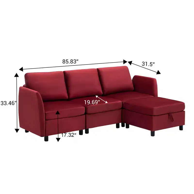 Divano letto componibile modulare in velluto reversibile a 9 posti con pouf, contenitore e penisola - Rosso vinaccia