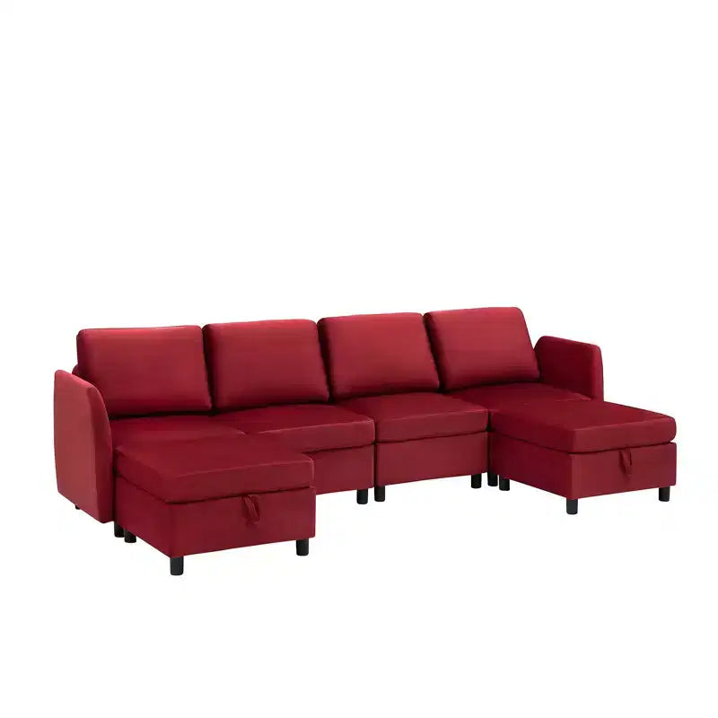 Divano letto componibile modulare in velluto reversibile a 9 posti con pouf, contenitore e penisola - Rosso vinaccia