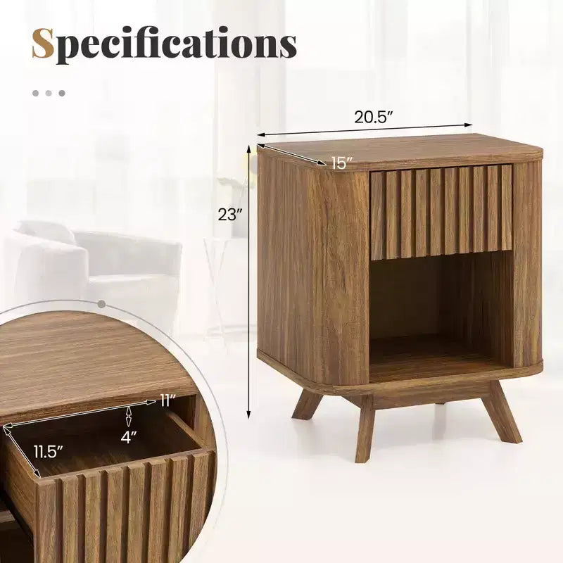 Comodino in legno con cassetto e ripiano a giorno, tavolino da notte per la camera da letto