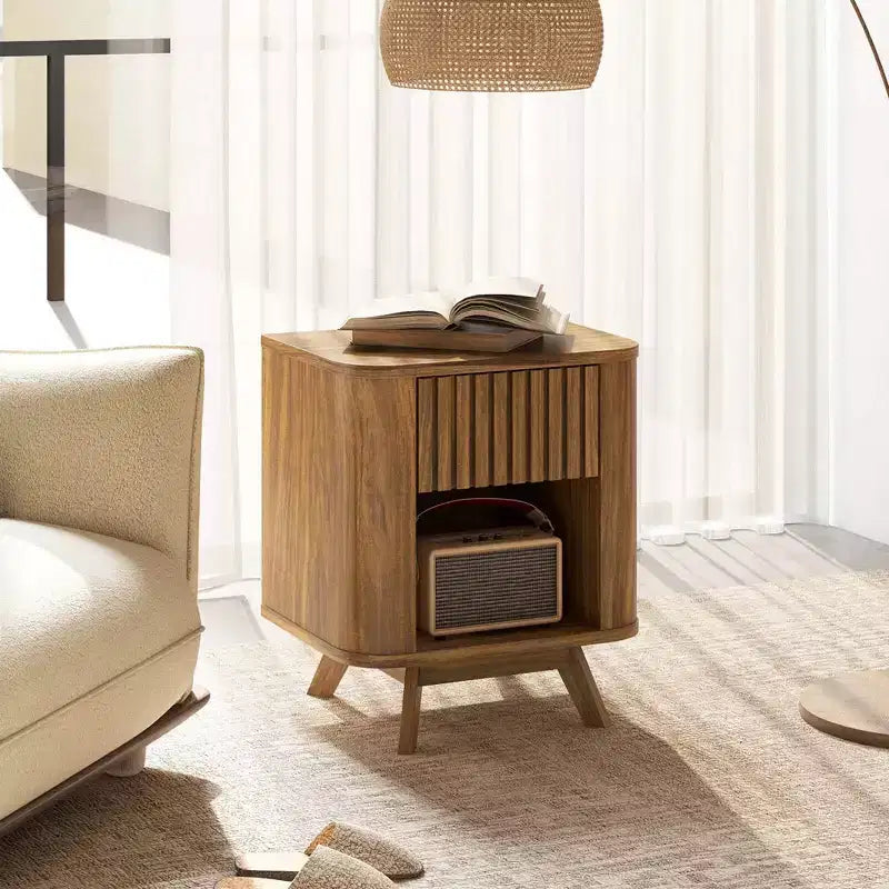 Comodino in legno con cassetto e ripiano a giorno, tavolino da notte per la camera da letto
