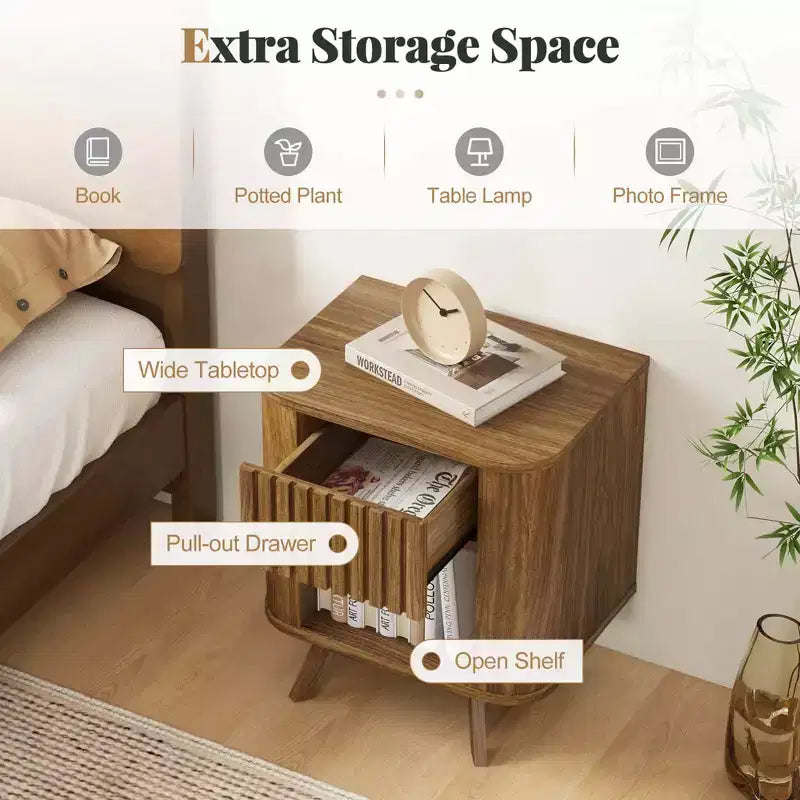 Comodino in legno con cassetto e ripiano a giorno, tavolino da notte per la camera da letto