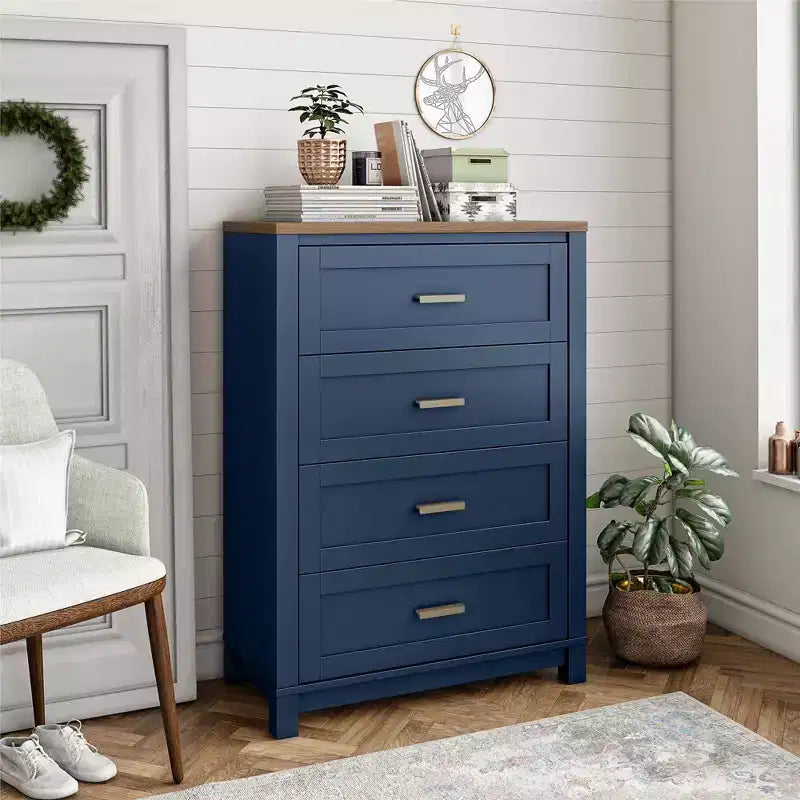 Cassettiera Armada a 4 cassetti, blu navy con piano in noce