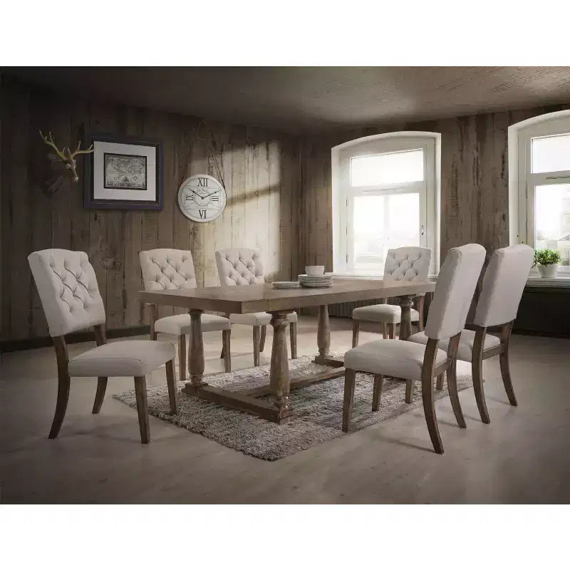Sedie laterali imbottite in lino color crema e rovere anticato