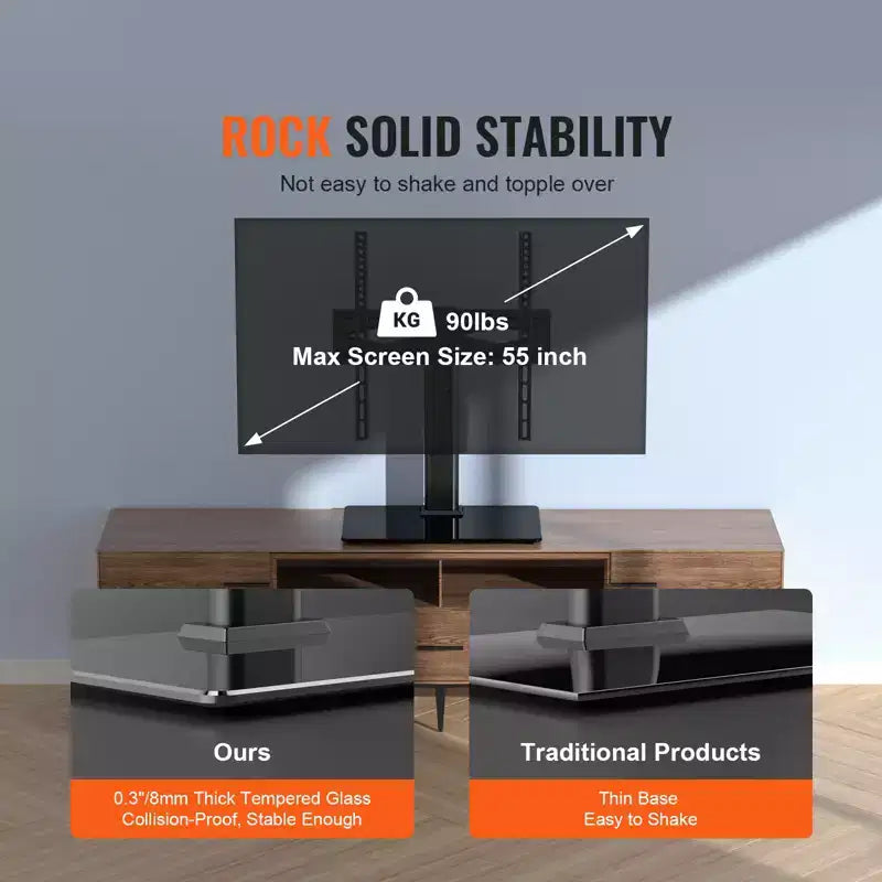 Supporto da tavolo per TV, piedistallo TV universale orientabile per TV da 32 a 55 pollici, supporto TV da pavimento portatile regolabile in altezza con base in vetro temperato