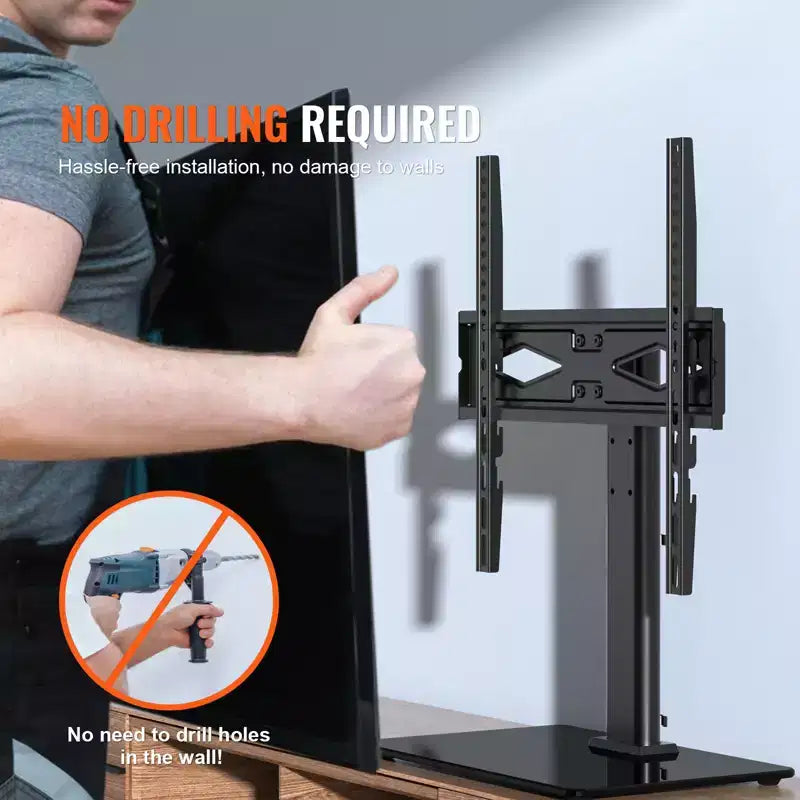 Supporto da tavolo per TV, piedistallo TV universale orientabile per TV da 32 a 55 pollici, supporto TV da pavimento portatile regolabile in altezza con base in vetro temperato