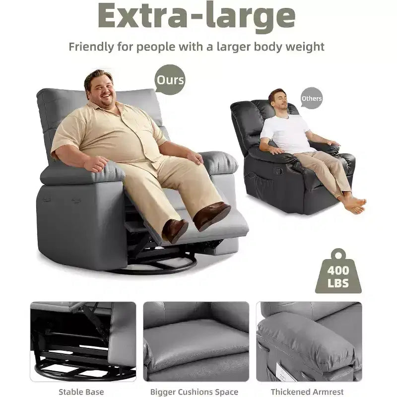 Poltrona Reclinabile con Calore e Massaggio, Girevole a 360° e Dondolio Manuale, Design Ergonomico con Telecomando e Portabicchieri per Soggiorno
