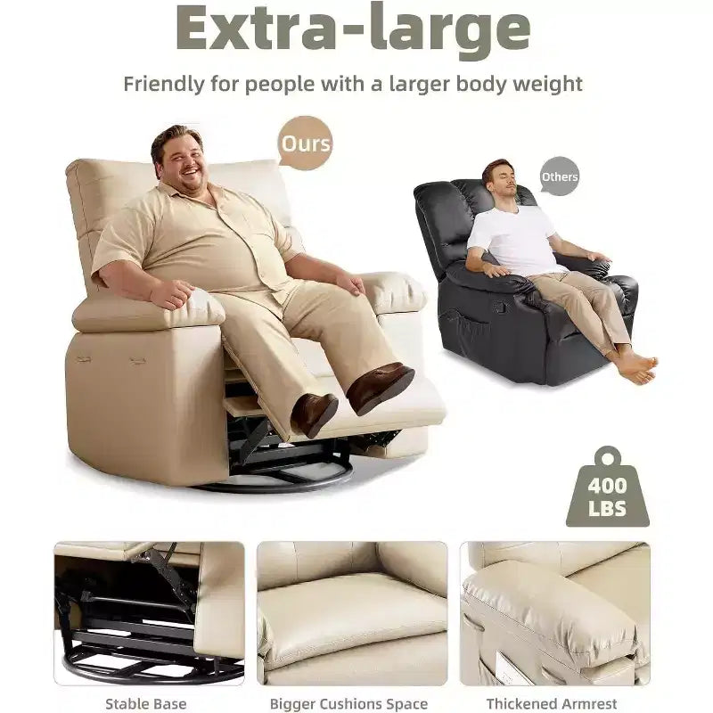Poltrona Reclinabile con Calore e Massaggio, Girevole a 360° e Dondolio Manuale, Design Ergonomico con Telecomando e Portabicchieri per Soggiorno