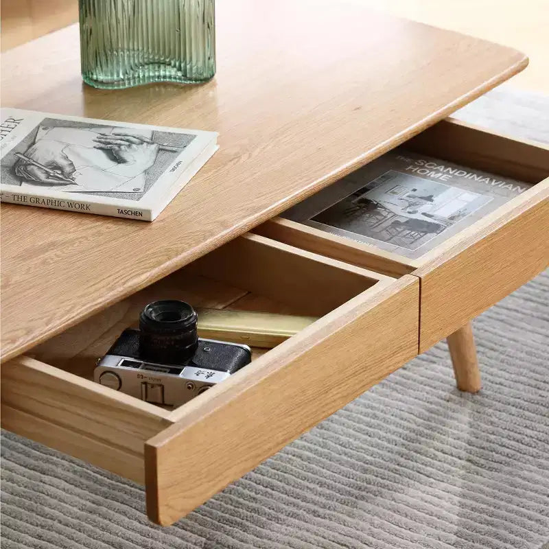 Tavolino rettangolare Dean in legno massello di rovere con due cassetti