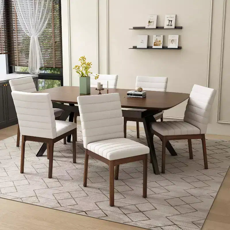 Set da pranzo imbottito Latisha 7 pezzi in legno di caucciù, stile Mid-Century moderno