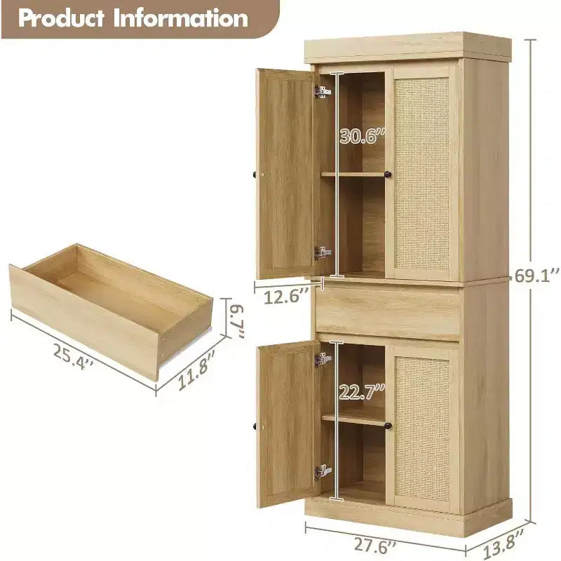 Mobiletto alto moderno da 69" in rattan con ante, ripiani regolabili e cassetto per bagno, sala da pranzo, soggiorno