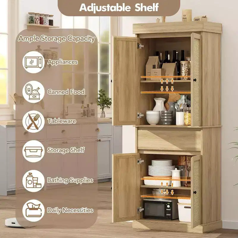 Mobiletto alto moderno da 69" in rattan con ante, ripiani regolabili e cassetto per bagno, sala da pranzo, soggiorno