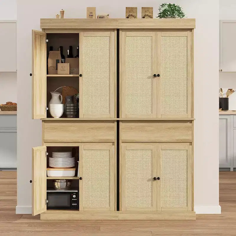 Mobiletto alto moderno da 69" in rattan con ante, ripiani regolabili e cassetto per bagno, sala da pranzo, soggiorno